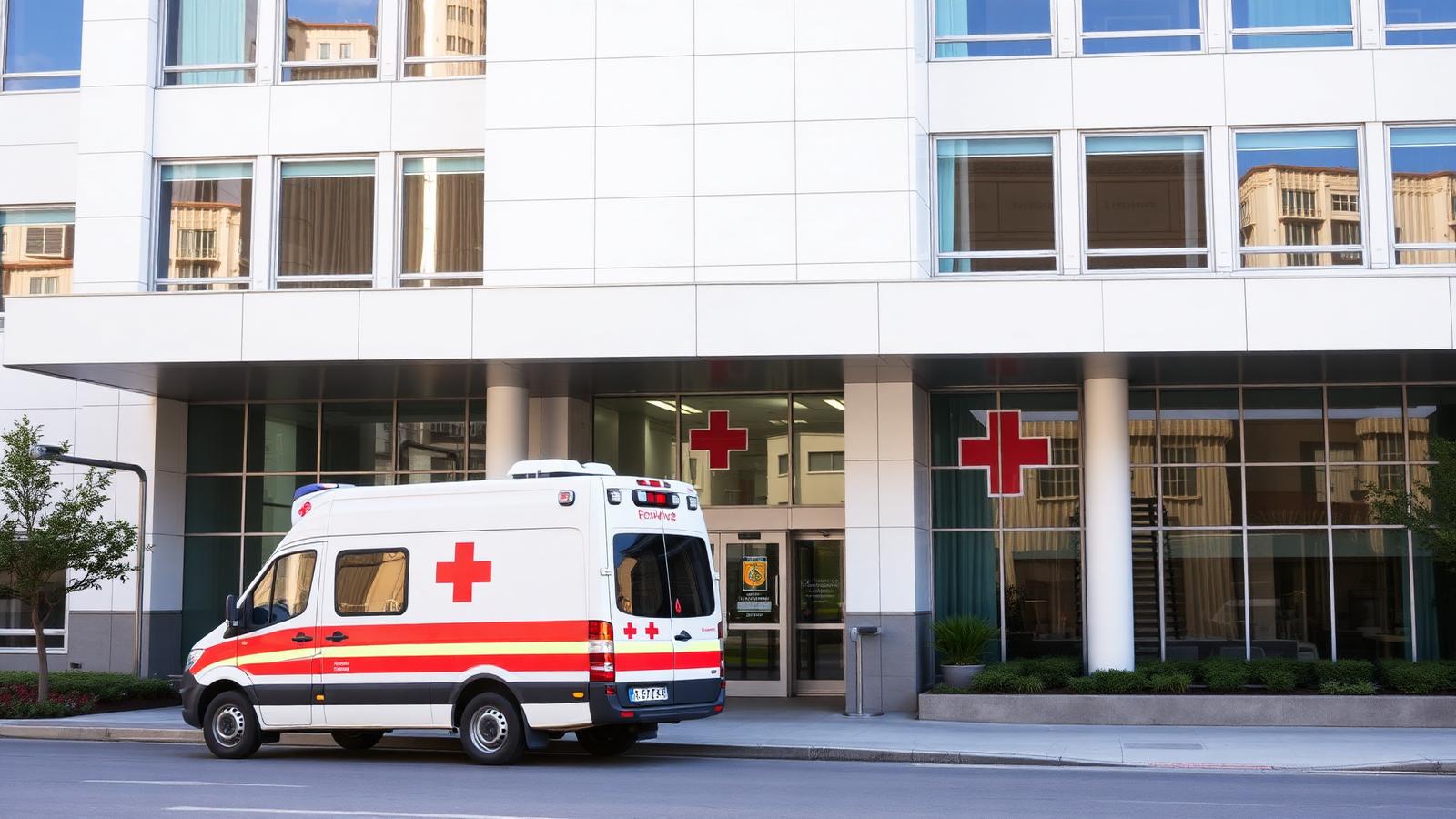 Hospital moderno com ambulância no pronto-socorro simbolizando saúde
